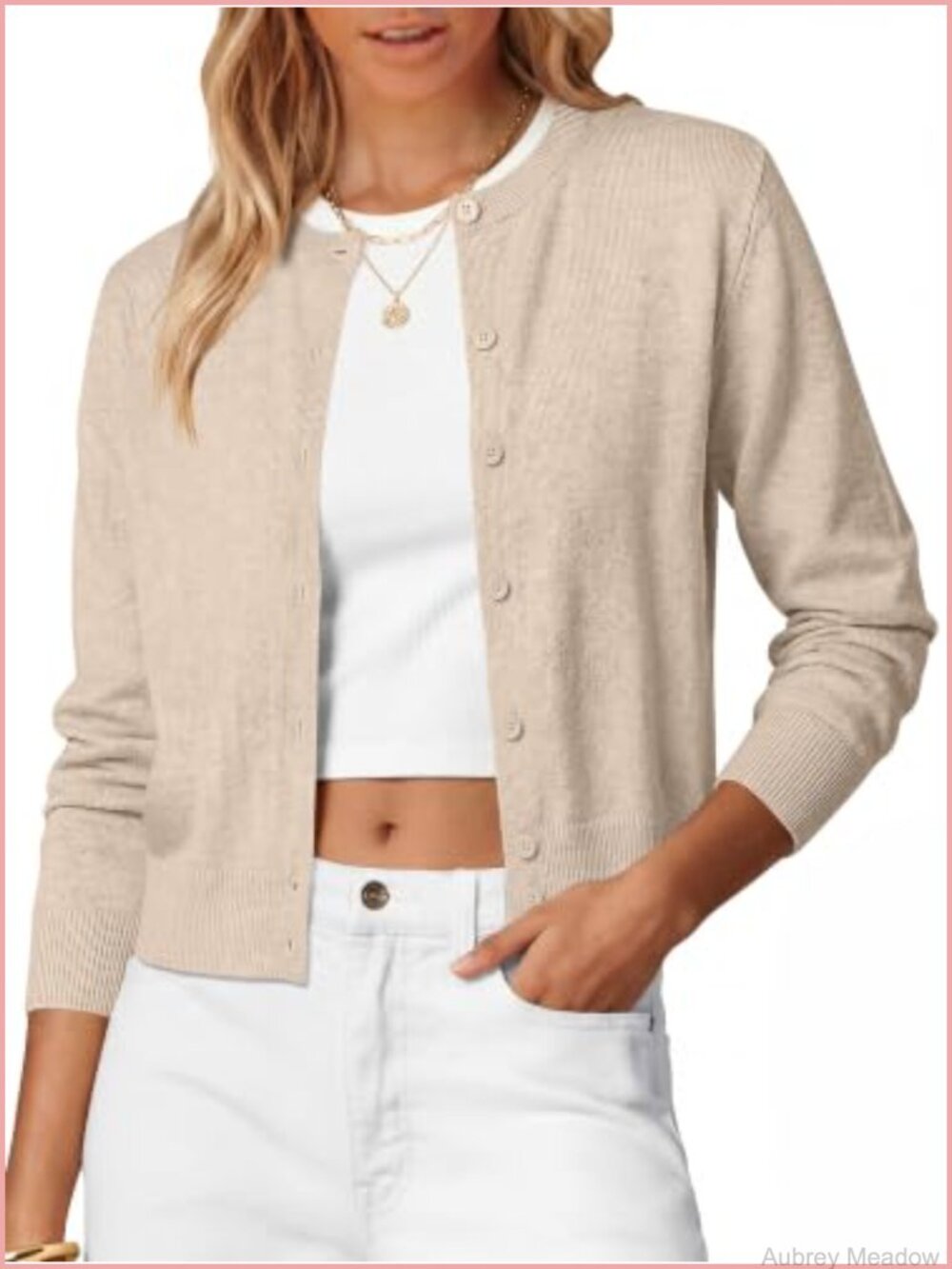 Cropped Button Up Cardigan Lightweight Knit Long Sleeve Crew Neck